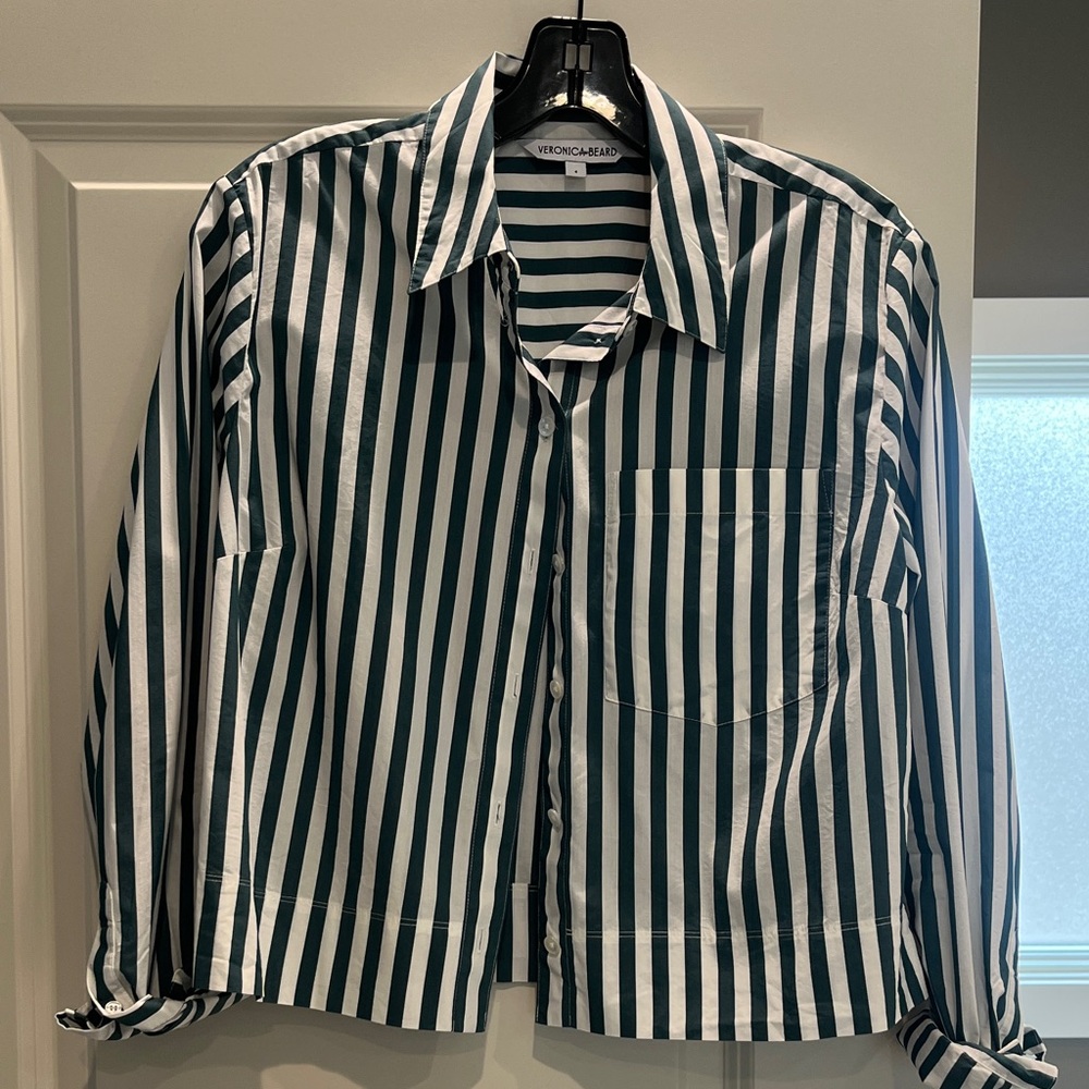 Veronica Beard Maia Green and White Cropped Striped Shirt size 4